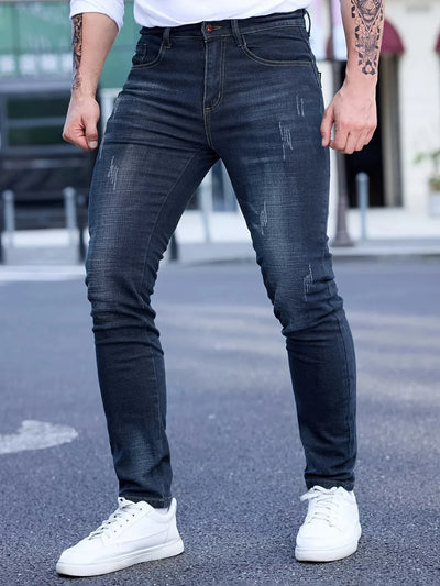 2025 Spring Autumn Men's Fashion Ripped Skinny Jeans Street Style Vintage Wash Solid Denim Casual Slim Fit Pencil Pants 28-36