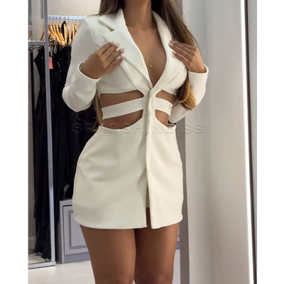 Women's Two Piece Set Summer Sexy Fashion Solid Color Long Sleeve Hollow Out Lapel Shirt Skirt Top Shorts Sets Streetwear