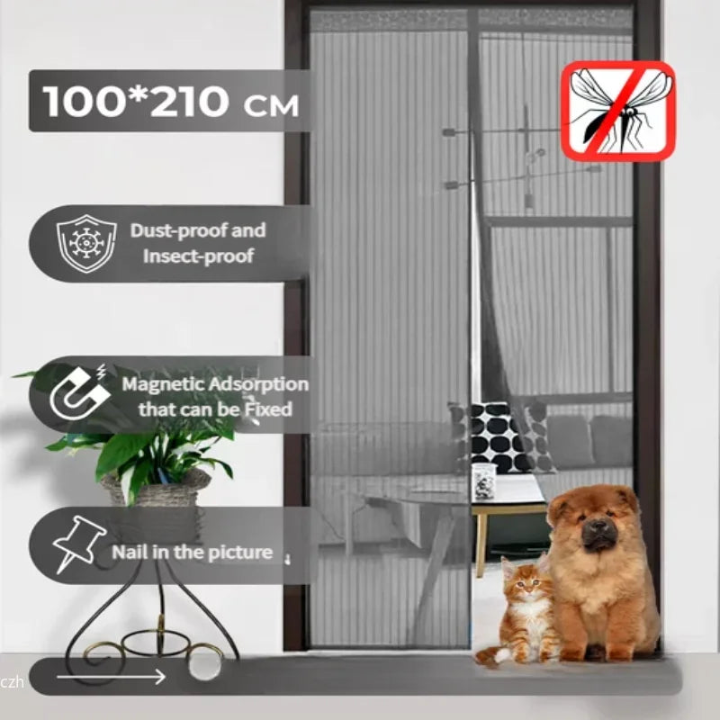 Heavy Duty Magnetic Screen Door Mesh Curtain Mosquito Net Bug Hands Free Partition Mute Striped Door Curtain Bedroom Ventilation