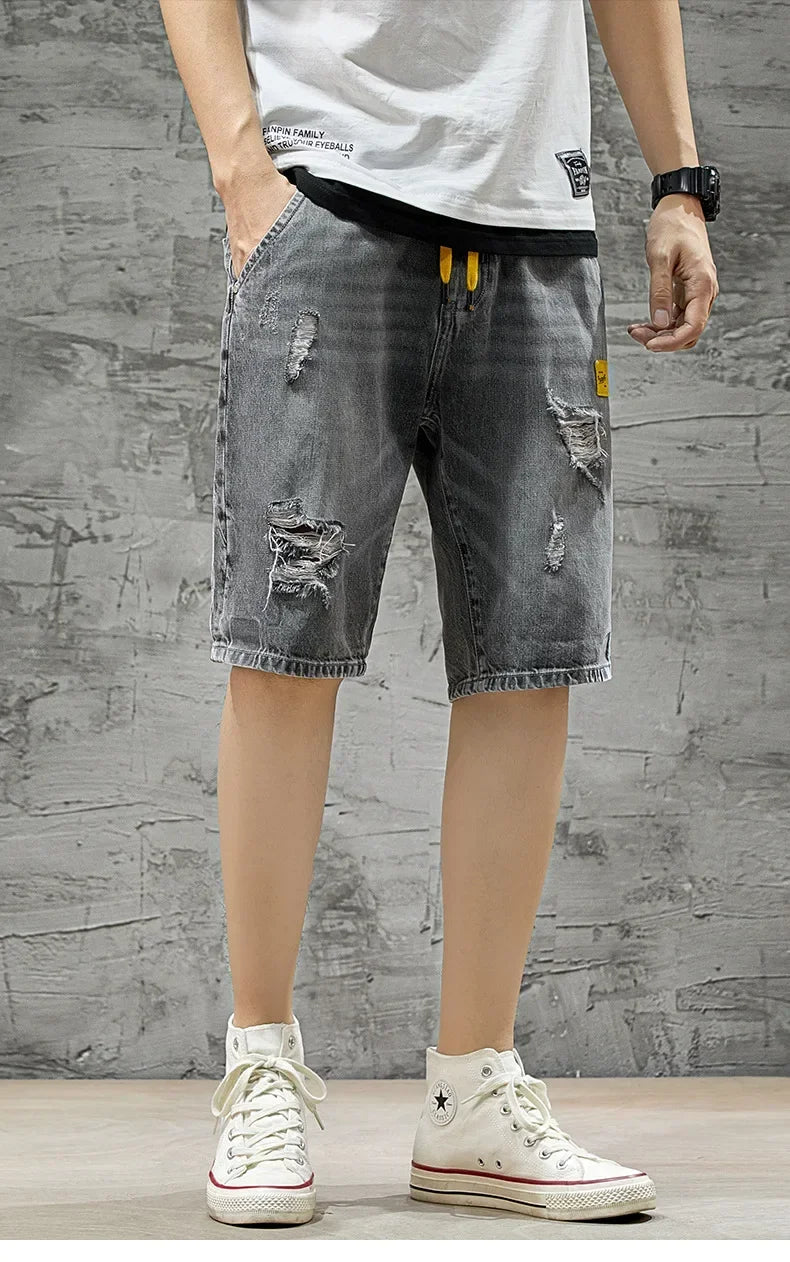 Summer Denim Shorts For Men Trendy Ripped Elastic Waist Loose Fit Casual Jeans 5 Minute Length Middle Pants
