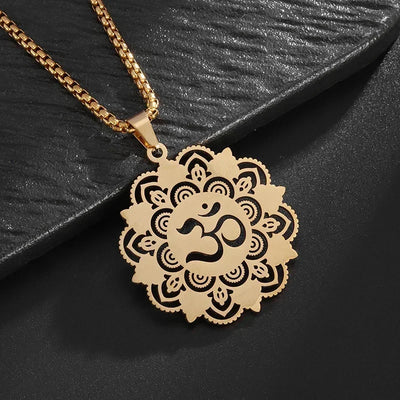 Stainless Steel Indian Religious Mandala Lotus Symbol Pendant Necklace Men Women Yoga Om Casual Jewelry