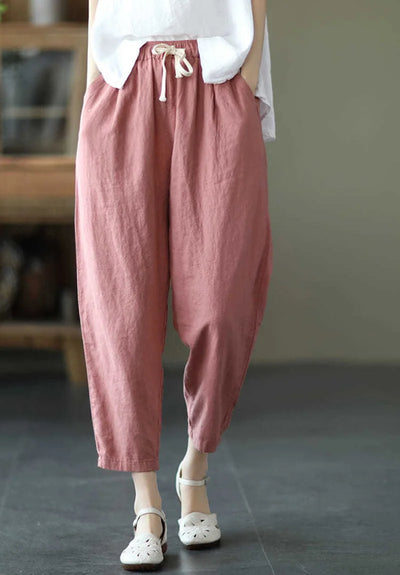2024 Spring Summer Cotton Linen Pants Women Solid Color Casual Ankle-length Pant Woman Lace-up Waist Loose Trousers