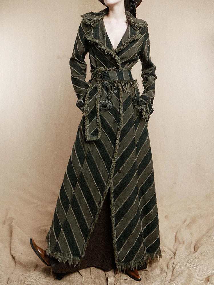 [Vibe] Women Blue Striped Burr Denim Long Trench New Turtleneck Long Sleeve Windbreaker Fashion Tide Spring Autumn 2025