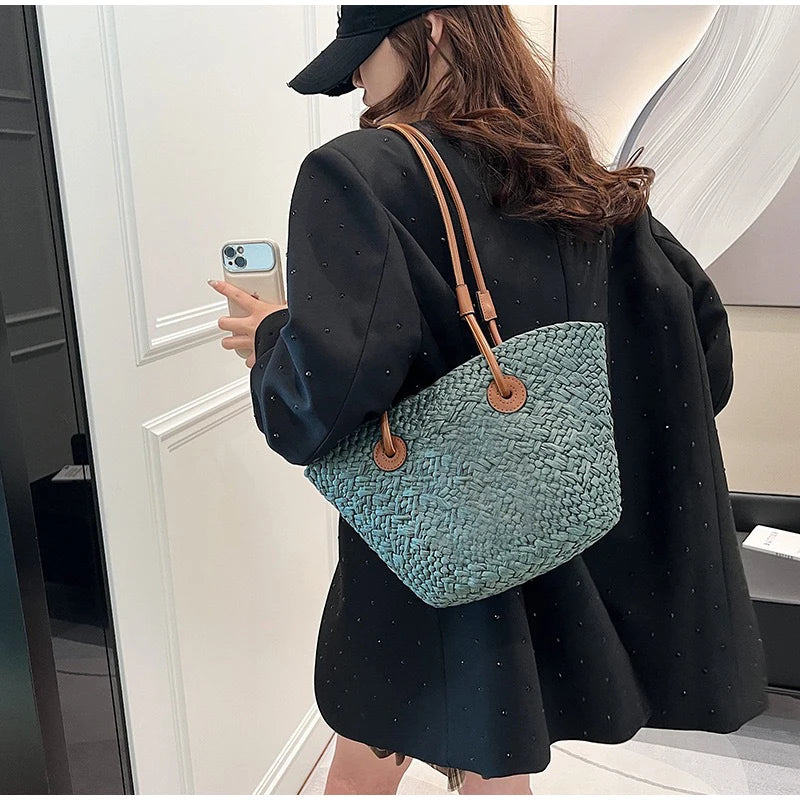 Designer Bohemian Chic Shoulder Bag,Solid Color Large Capacity Straw Woven Tote Bag,Nature-Inspired Beach Vacation Women Handbag