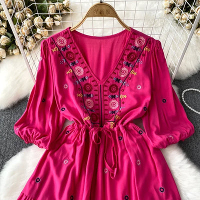 Boho Dress for Women Embroidery Floral Print V-neck Elastic Waist Lace-up Dresses with Belt Summer Vestidos Folds Dropshipping