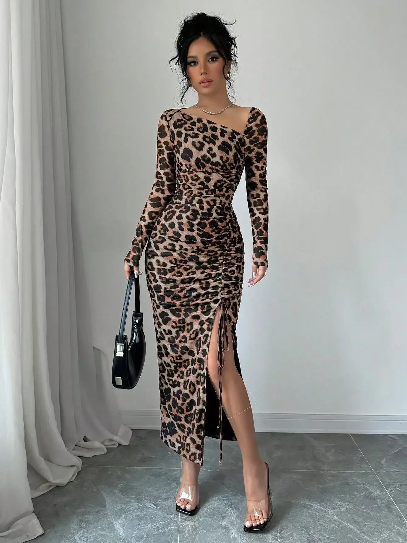 Sexy Leopard Print Women's Dresses Fashion Ruffled Sexy Slit Party Dress For Women Spring Summer  Bodycon Package hip Vestidos