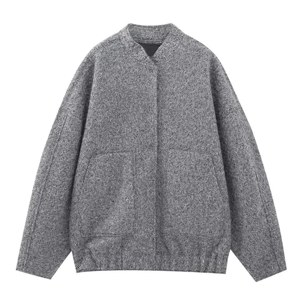 Woman's Oversized Bomber Jacket Autumn New Round Neck Long Sleeve Pocket Hidden Button Loose Jackets Coat Female Outerwear