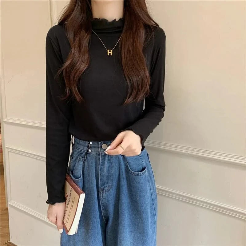 Skinny High Elastic Mock Neck Pullover Long Sleeve T-shirts For Women