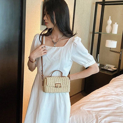 Handmade Women's Shoulder Bag Summer Straw Beach Bag Bohemian Female Handbags Fashion Square Flap Lock Designer Shopper Purse
