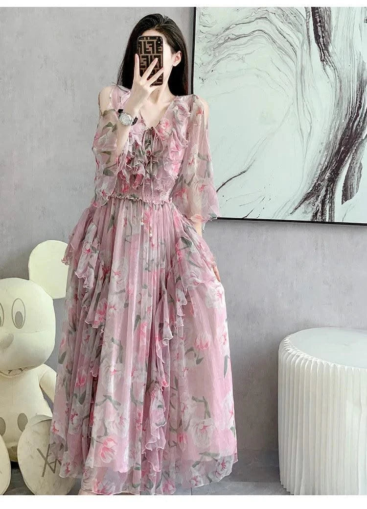 Women Sexy Off Shoulder V Neck Floral Print Dress Summer Gorgeous Flower Pink Chiffon Cascading Ruffles Evening Party Prom Robe
