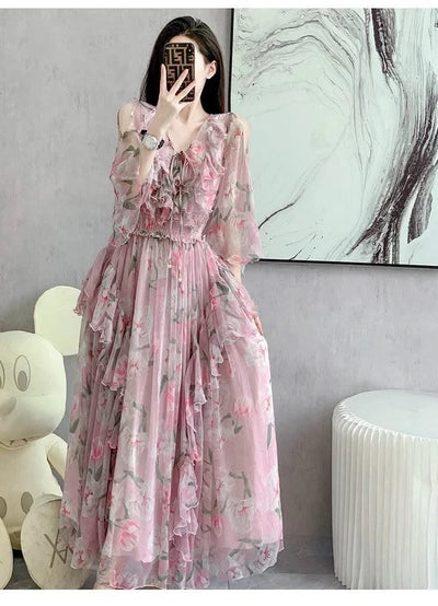 Women Sexy Off Shoulder V Neck Floral Print Dress Summer Gorgeous Flower Pink Chiffon Cascading Ruffles Evening Party Prom Robe