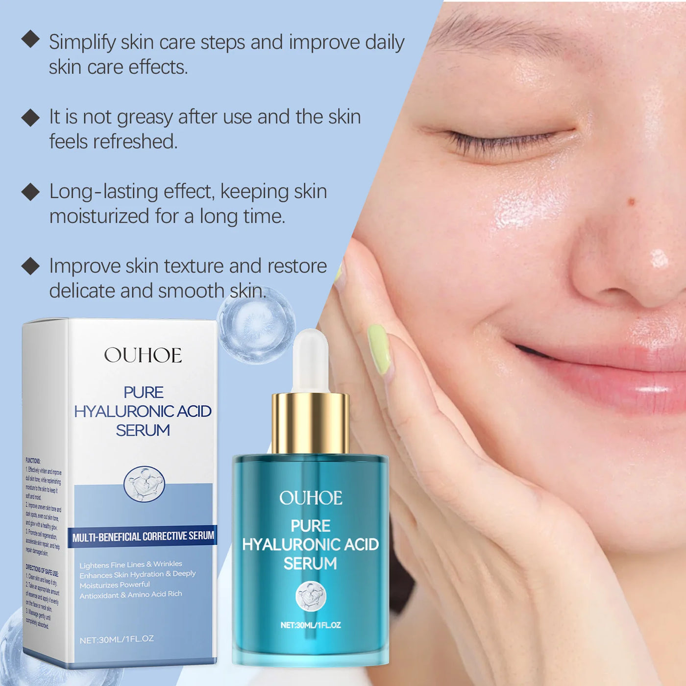 Hyaluronic Acid Serum Shrink Pores Fade Fine Lines Remove Dark Spot Improve Dry Moisturizing Lightening Repairing Facial Essence