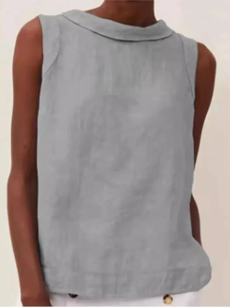 Summer Solid Cotton Linen Women's Top Simple Sleeveless O-neck Casual Blouses & Shirts Female Trendy Fashion Office Tops Ladies
