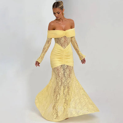 Woman Clothing Lace Patchwork Evening Dress 2025 Autumn Sexy Slash Neck Long Sleeve Folds Party Gown Lady Long Maxi Prom Dresses