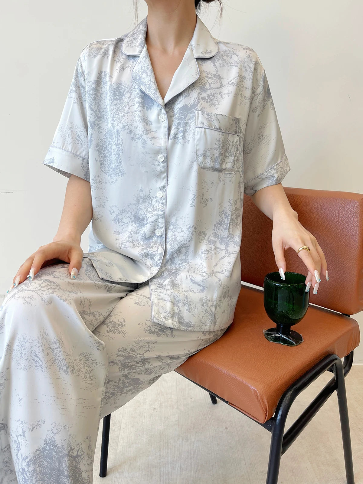 Fashion Elegant Female Pajamas Lounge Wear Set Sexy Print Flower Sleepwear Trouser Suits Spring Summer Loose Satin Home Wear