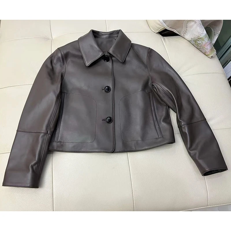 Women's Sheepskin Short Tops Harajuku Fashion Jassen Dames Slim Jaqueta De Couro Legítimo Square Collar Trendy Streetwear Coat