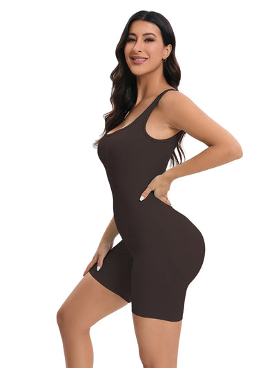 Women Yoga Romper Workout Ribbed Square Neck One Piece Seamless Tank Top Jumpsuit