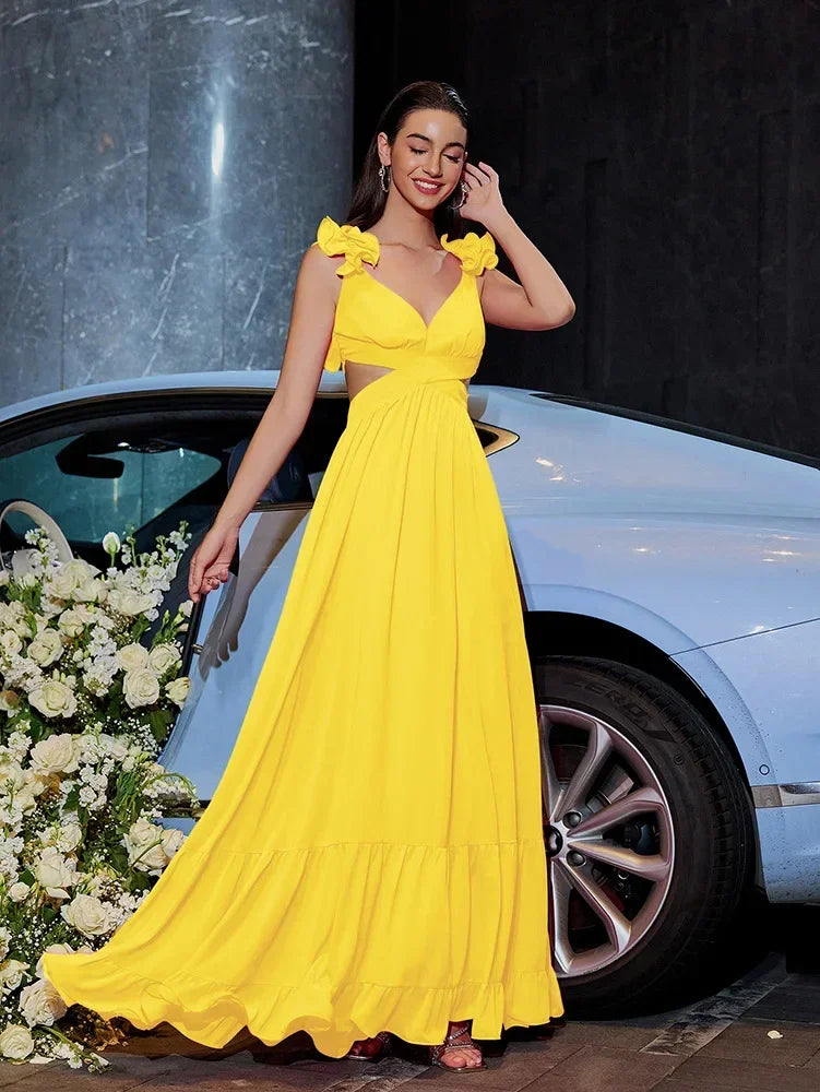 Women Wedding Dresses Summer Chiffon Flower Dress Backless Cross Tie Pleated Large Swing Evening Dress Vestidos De Mujer