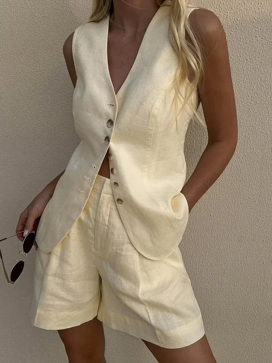 Cotton and Linen Chic Casual Vest Shorts Set Women Summer New Fashion Commuter Sleeveless Single Breasted Tank Top Shorts Suits