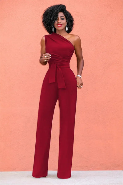 Women's Jumpsuit Solid Skew Collar Crop Top Straight Pants Belt Sexy Sleeveless Loose Pants Elegant Charming Playsuits 2024