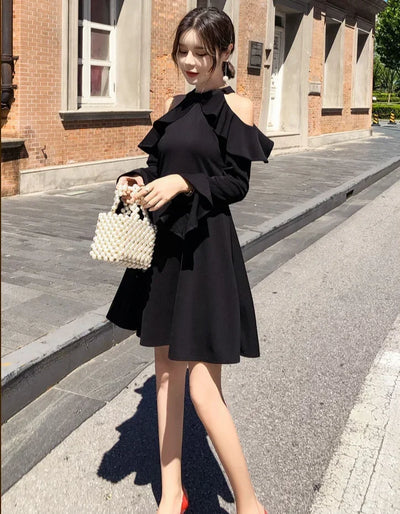 Ruffle Dresses for Women A Line Midi Woman Long Sleeve Dress Y2k Loose Casual Youth Korean Fashion One-piece Sensual Sexy X 2025