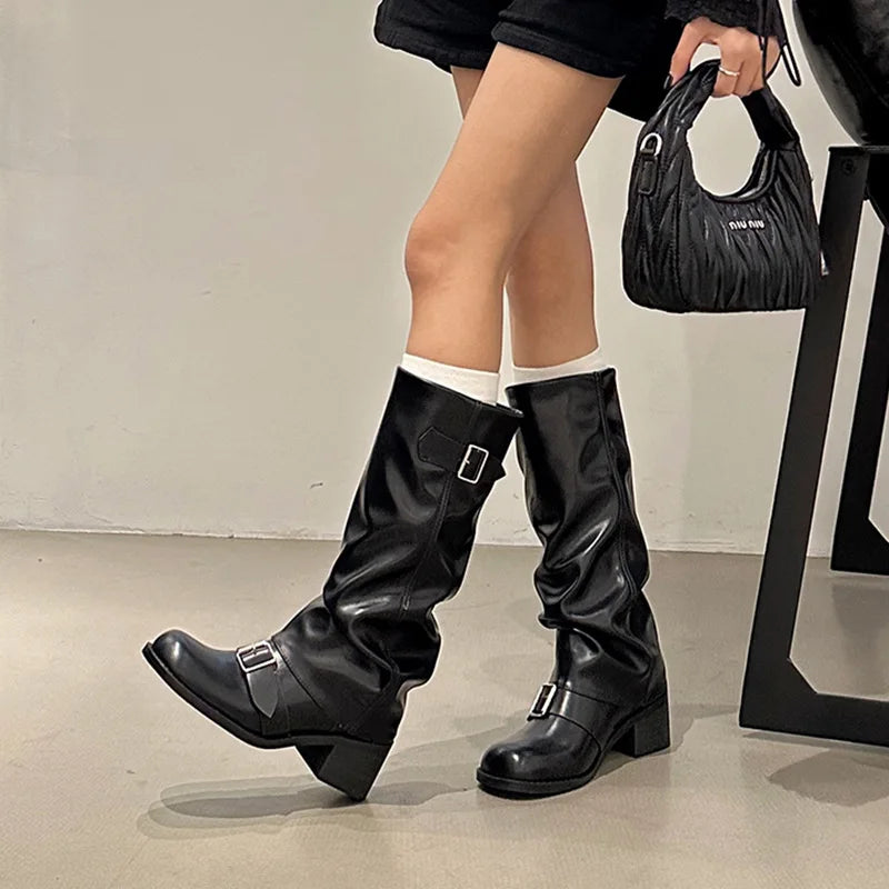 Woman Boots Knee High Platform Chunky Heels Trend Punk Gothic New Rock Leather Fashion Women's Shoes Motorcycle Footwear