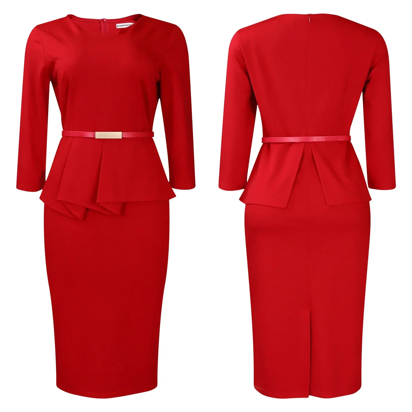 Dress Office Wear for Women Professional Skew Collar Three Quarter Sleeve Belt Waisted Sheath Package Hips Mid Calf Formal Dress