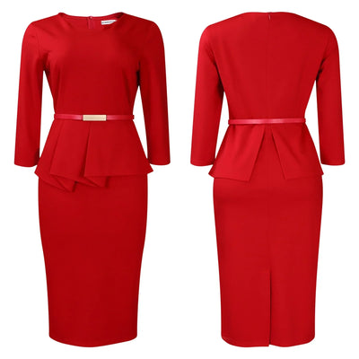 Dress Office Wear for Women Professional Skew Collar Three Quarter Sleeve Belt Waisted Sheath Package Hips Mid Calf Formal Dress