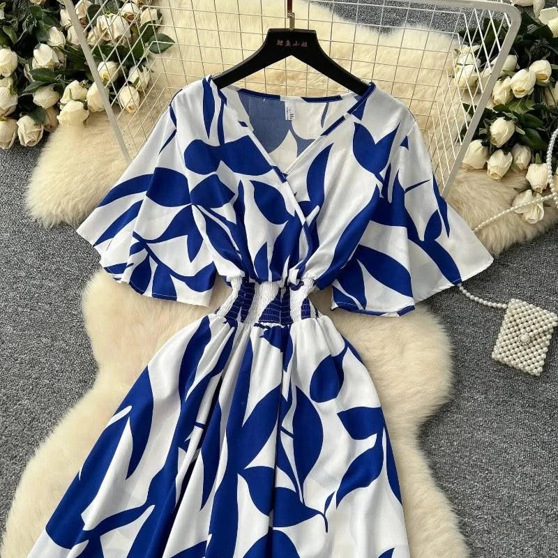 Summer Beach Women Floral Party Dress Summer New Maxi Long Dress Elegant Casual Leaf Printed Hem Dress Vestidos Female