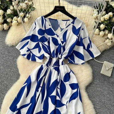 Summer Beach Women Floral Party Dress Summer New Maxi Long Dress Elegant Casual Leaf Printed Hem Dress Vestidos Female