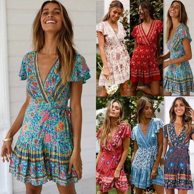 Elegant Women's Dresses Summer Bohemian Dress Vestidos Curtos Mujer Kadın Elbisesi Yazlık Kısa Elbiseler Midi Elbiseler Robe Ete