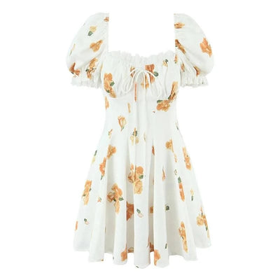 Summer Dresses 2025 Women French Style Floral Print Puff Sleeve Dress Lace Trim A-line Short Elegant Sundress Chic Lady Robe