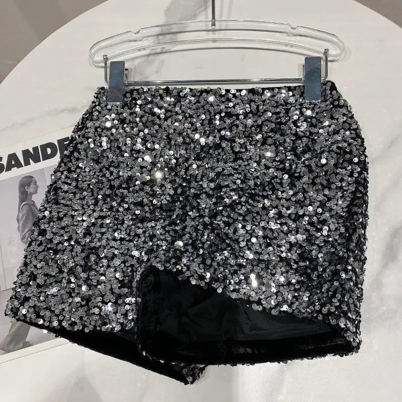 2025 New Summer Spring New Full Sequined Shiny Casual Shorts Heavy Zipper Nightclub Socialite Short Shorts Hot Pants for Women - Elanique