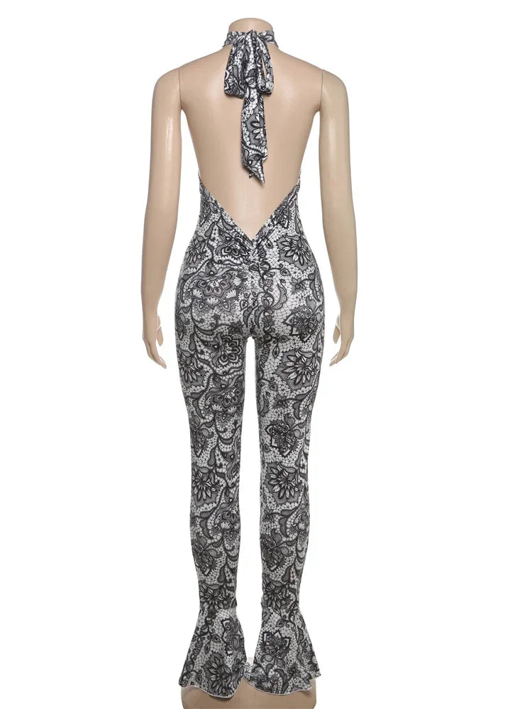 kliou Attractive Y2K Women Jumpsuits Fashion Print Halter Backless High Collar Off Shoulder Overalls Female Midnight Clubwear