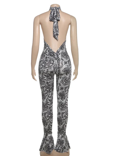 kliou Attractive Y2K Women Jumpsuits Fashion Print Halter Backless High Collar Off Shoulder Overalls Female Midnight Clubwear