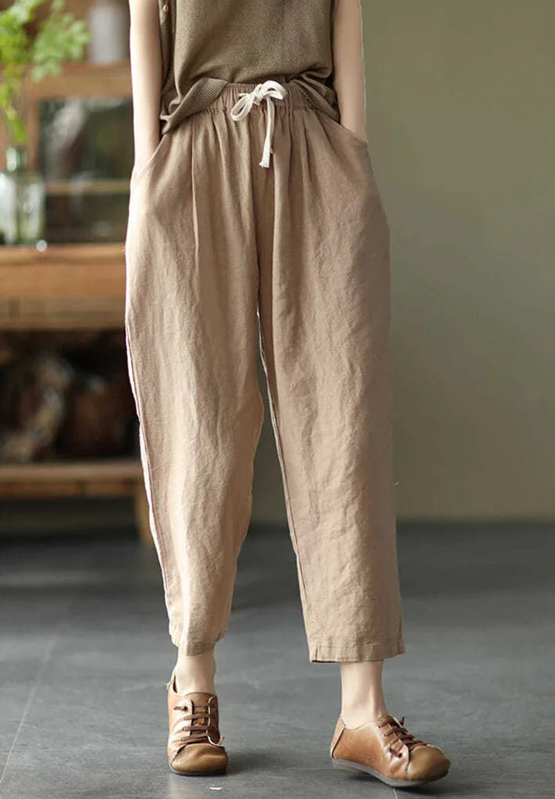 2024 Spring Summer Cotton Linen Pants Women Solid Color Casual Ankle-length Pant Woman Lace-up Waist Loose Trousers