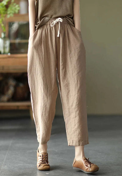 2024 Spring Summer Cotton Linen Pants Women Solid Color Casual Ankle-length Pant Woman Lace-up Waist Loose Trousers