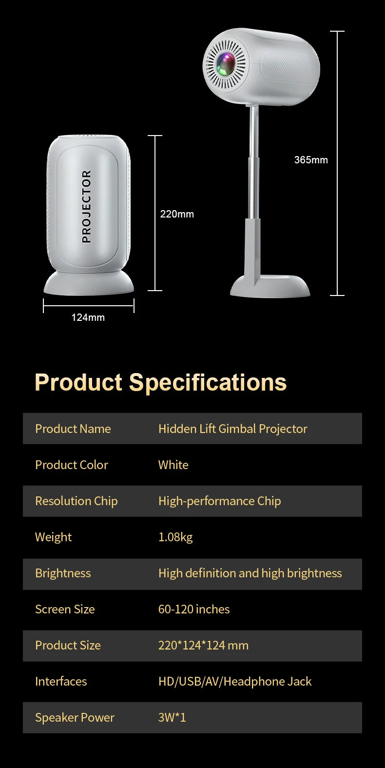 Portable Mini  Android Projector Support 4K  1080p Integrated 90°Adjustable Stand Hight Adjustment WiFi Bluetooth  ,Model:TS6
