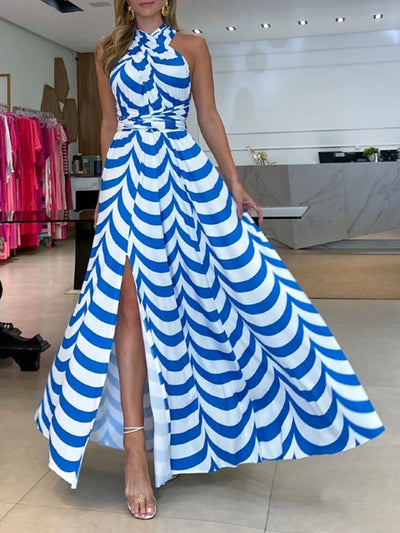 Women's Dress New Summer Printing Boho Robe Hanging Neck High Waist Split Sexy Dress Long Dresses Woman Clothing Party Dresses