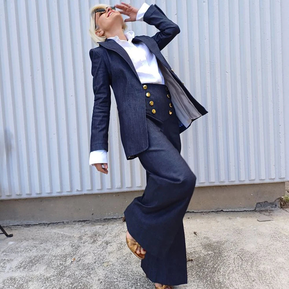 Navy Blue Women Suit Customized Single-breasted Peaked Lapel Denim Two Pieces(Blazer+Pants) Casual Daily Set for Shopping&Office
