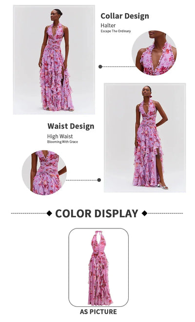 Bohemian Ruffle Long Dress for Women – Pink Floral Halter Neck Evening Gown – Elegant Vacation & Wedding Guest Dresses