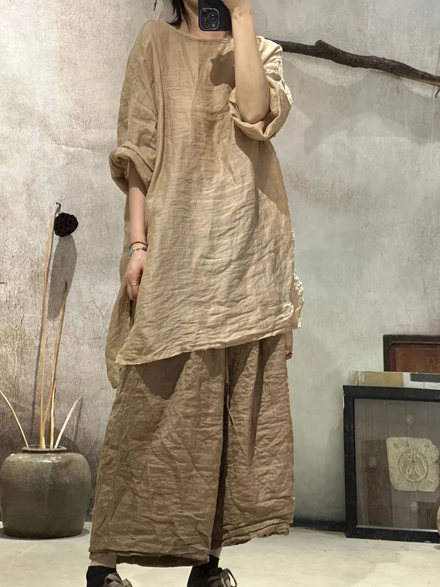 Women Wide Leg New 2025 Spring Summer Double Layer Ramie Pants Elastic Waist Ladies Retro Free Trousers High Quality Original