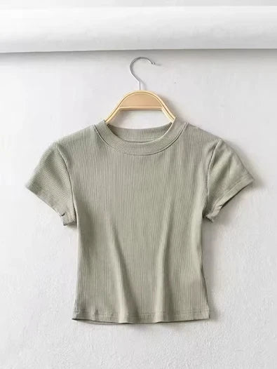 Women's crew neck short-sleeved T-shirt, stretch bodice sexy, summer