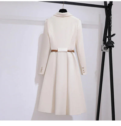 Women's Dress Double Breasted Elegant Dresses for Women 2025 Autumn Off white Dress Belt Knee-Length Solid Fashion Woman Clothes