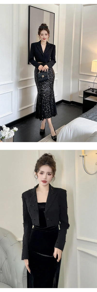 Fashion Chic Women's Blazer Office Lady Bright Black Long Sleeve Short Casual Party Coat Ladies Outerwear Stylish Cropped Tops