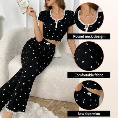 Womens' Casual Pajamas Set Love Print Black Casual Lounge Wear Decorative Button Lace Edge Short Sleeve Pants