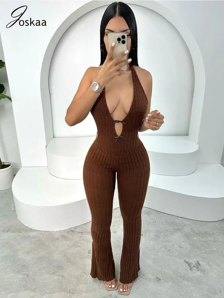 Joskaa Knitted Halter Backless Jumpsuit Women Sexy Deep V-Neck Bow Sleeveless Skinny Overalls 2025 Fitness Sportswear Clubwear
