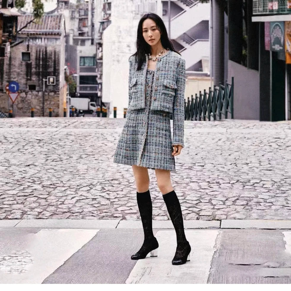 Autumn 2025 New Sle Blue een Tweed round Ne Single Button ort Quilted Jaet Women's Faion Outerwear Small Fraanc...