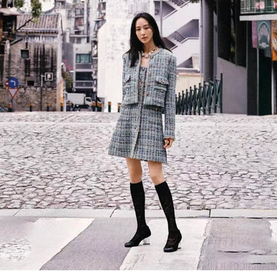 Autumn 2025 New Sle Blue een Tweed round Ne Single Button ort Quilted Jaet Women's Faion Outerwear Small Fraanc...
