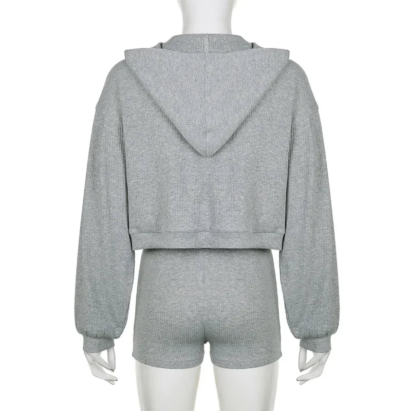 Solid Sport 3 Piece Set Crop Vest Hoodie Tracksuit Women Casual Sweatshirt Coat Mini Short Matching Set Sportswear 3 PCS Outfit
